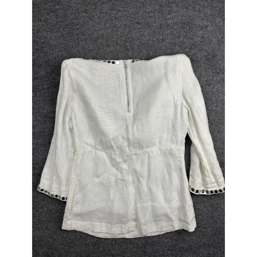 Tory Burch Linen Blouse Womens 4 White Mirror Sequin Embellished‎ 3/4 Sleeve